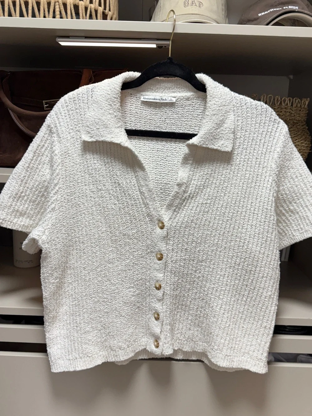 Abercrombie & Fitch Cream knitted Button-Front Short Sleeve Top - Picture 1 of 5